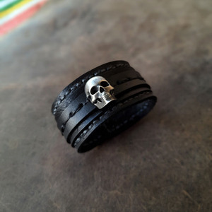 Φαρδύ Μαύρο Αντρικό Δερμάτινο Βραχιόλι Silver Skull, 3Χ21 εκ - δέρμα, ασήμι, βραχιόλια - 2