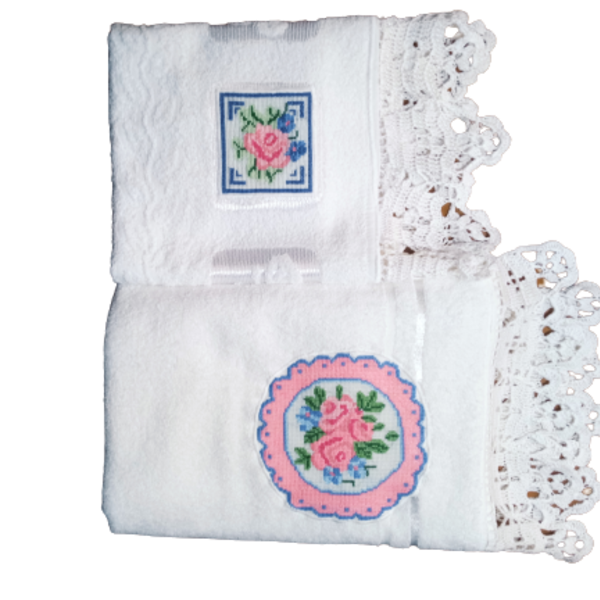 ΣΕΤ πετσέτες μπάνιου και προσώπου με σταυροβελονιά - δαντέλα, πετσέτες - 2