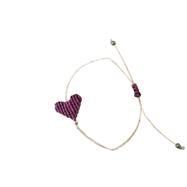 Βραχιόλι καρδούλα macrame μοβ σκούρο - καρδιά, μακραμέ, κορδόνια, χεριού, αυξομειούμενα