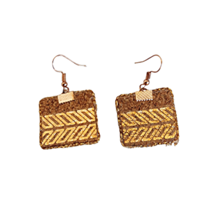 σκουλαρίκια φελλού μικρά τετράγωνα με χρυσά σχέδια - ξύλο, νήμα, επιχρυσωμένα, μικρά, κρεμαστά