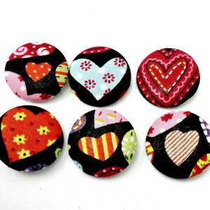 Σετ 6 υφασμάτινα κουμπιά καρδιές - βαμβάκι, καρδιά, κουμπί, υλικά κατασκευών