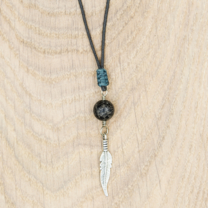 Ανδρικό κολιέ με φτερό και ημιπολύτιμο λίθο μαύρο αφρικανικό τυρκουάζ. αυξομειούμενα - ημιπολύτιμες πέτρες, φτερό, κολιέ, κορδόνια - 3