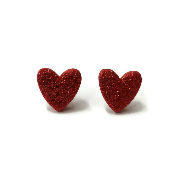 Red hearts - Σκουλαρίκια καρδιές από πηλό με κόκκινο γκλίτερ - καρδιά, πηλός, καρφωτά, μικρά, ατσάλι