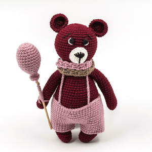 Χειροποίητο πλεκτό αρκουδάκι με ροζ μπαλόνι ύψους 20εκ. - crochet, χειροποίητα, λούτρινα, αρκουδάκι, amigurumi