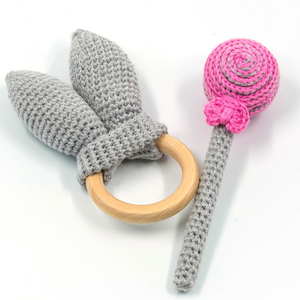 Χειροποίητο πλεκτό σετ κουδουνίστρα μασητικό σε ροζ-γκρι χρώμα. - crochet, amigurumi, μασητικά μωρού, 100% βαμβακερό