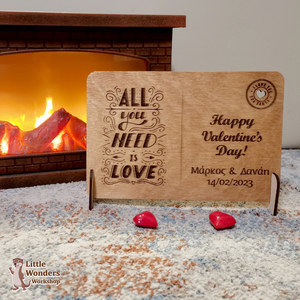 Χειροποίητη Ξύλινη Καρτ-ποστάλ για τη Γιορτή των Ερωτευμένων "All you need is Love", με χάραξη ονομάτων και ημερομηνίας - Δώρα Happy Valentine' s Day, διάσταση: 20Χ13εκ. - ξύλο, διακοσμητικά, ζευγάρια, αγ. βαλεντίνου, κορνίζες - 3