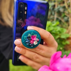 Χειροποιητο pop holder για το κινητό σας, διακοσμημένο με λουλούδια από πολυμερικό πηλό - θήκες