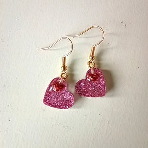 Σκουλαρίκια ροζ καρδούλες από υγρό γυαλί - γυαλί, καρδιά, κρεμαστά, αγ. βαλεντίνου, δώρα για γυναίκες - 2