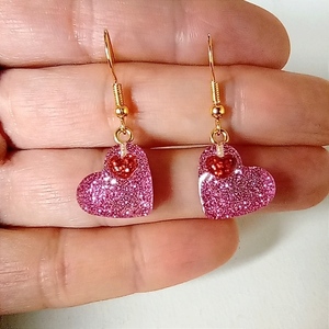 Σκουλαρίκια ροζ καρδούλες από υγρό γυαλί - γυαλί, καρδιά, κρεμαστά, αγ. βαλεντίνου, δώρα για γυναίκες - 4