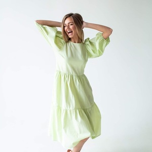 ανοιχτό πράσινο φορεμα - βαμβάκι, βισκόζη, midi, καρό, γάμου - βάπτισης - 2