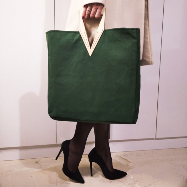 Γυναικεία χειροποίητη σουετ πράσινη τσάντα. Με ξύλινο χερούλι. Anifantou - ύφασμα, μεγάλες, all day, χειρός, tote - 3