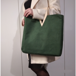 Γυναικεία χειροποίητη σουετ πράσινη τσάντα. Με ξύλινο χερούλι. Anifantou - ύφασμα, μεγάλες, all day, χειρός, tote - 4
