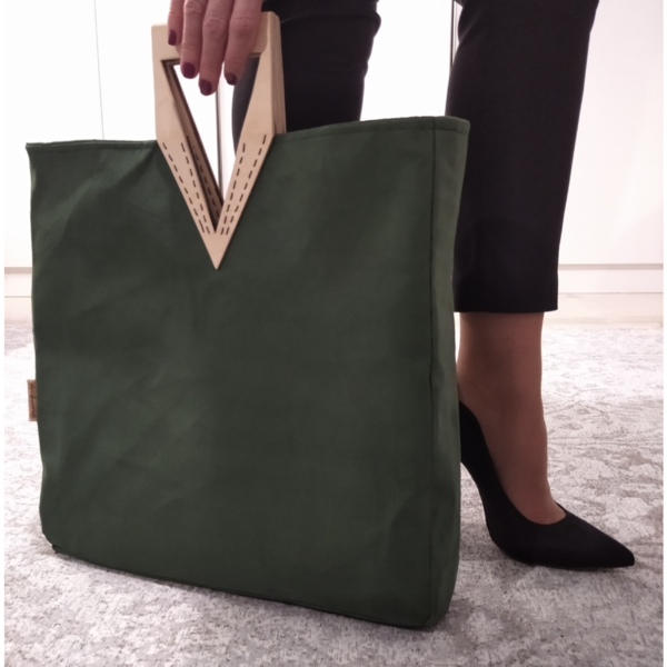 Γυναικεία χειροποίητη σουετ πράσινη τσάντα. Με ξύλινο χερούλι. Anifantou - ύφασμα, μεγάλες, all day, χειρός, tote - 5