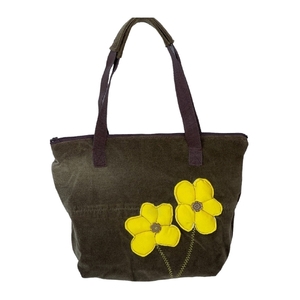 Καφέ υφασμάτινη τσάντα tote ώμου/χειρός, με απλικέ λουλούδια - ύφασμα, ώμου, χειροποίητα, all day, tote