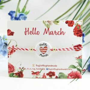 Μαρτάκι βραχιόλι " hello March " - καρδιά, κορδόνια, plexi glass, μαρτάκια, αυξομειούμενα - 2