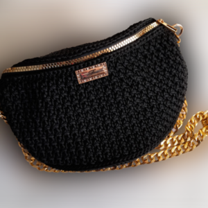 Μαύρο κομψό πλεκτό τσαντάκι μέσης (Belt Bag) - νήμα, πλεκτές τσάντες, μέσης, βραδινές, μικρές