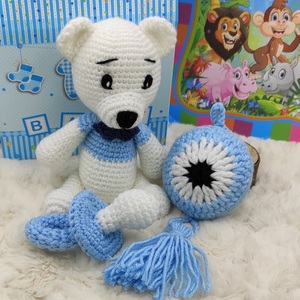 Χειροποίητο πλεκτό σετ δώρου λευκό-γαλάζιο με αρκουδάκι, πιπίλα και κρεμαστό ματάκι - δώρα για βάπτιση, ματάκια, δώρα για μωρά, δώρο γέννησης, φυλαχτά - 2