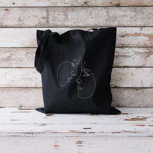 Πάνινη τσάντα μαύρη για βιβλία με σχέδιο πρόσωπα ζευγαριού - ύφασμα, αξεσουάρ, αγ. βαλεντίνου, πάνινες τσάντες, δωρο για επέτειο - 2