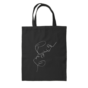 Πάνινη τσάντα μαύρη για βιβλία με φιγούρες από πρόσωπα ζευγαριού - ύφασμα, αξεσουάρ, αγ. βαλεντίνου, πάνινες τσάντες, δωρο για επέτειο
