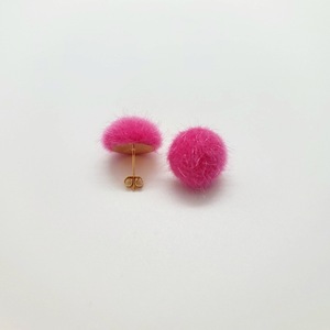 Σκουλαρίκια ατσάλινα με γούνα ροζ - 12mm - καρφωτά, μικρά, ατσάλι, φθηνά - 2