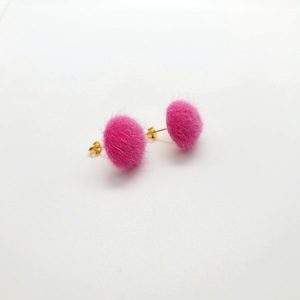 Σκουλαρίκια ατσάλινα με γούνα ροζ - 12mm - καρφωτά, μικρά, ατσάλι, φθηνά - 3