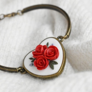 Vintage βραχιόλι καρδιά με τριαντάφυλλα | I love, I love, I love you (πηλός, μπρούτζος) (αυξομειούμενο) - καρδιά, λουλούδι, μπρούντζος, χεριού, αυξομειούμενα - 2