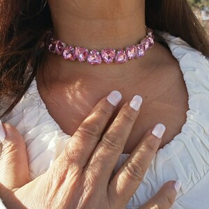 Κολιέ Choker στρας με ροζ καρδιές - καρδιά, τσόκερ, κοντά, plexi glass, κοσμήματα - 4