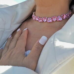 Κολιέ Choker στρας με ροζ καρδιές - καρδιά, τσόκερ, κοντά, plexi glass, κοσμήματα - 5