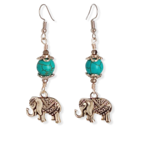 Σκουλαρίκια με ινδικά ελεφαντάκια και χάντρες χαολιτη - ημιπολύτιμες πέτρες, ελεφαντάκι, boho, κρεμαστά