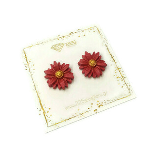 Flowers - Καρφωτά σκουλαρίκια λουλούδια από κόκκινο πηλό με γκλίτερ - πηλός, λουλούδι, καρφωτά, ατσάλι, καρφάκι - 3