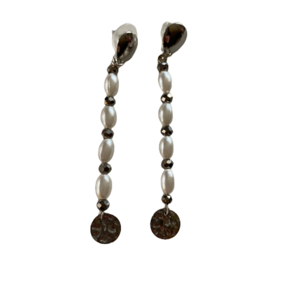 Σκουλαρίκια με πέρλες και ασημί δίσκο - ορείχαλκος, κρεμαστά, πέρλες, μεγάλα, καρφάκι