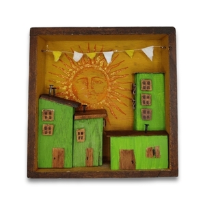 Ξύλινη πόλη με ήλιο σε καδράκι 14*14 - ξύλο, πίνακες & κάδρα, ήλιος, διακοσμητικά