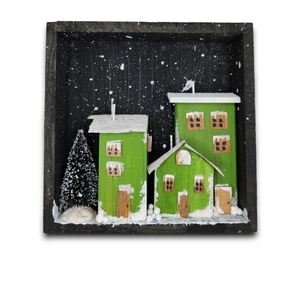 Ξύλινη Χιονισμένη πόλη σε καδράκι 14*14 - ξύλο, πίνακες & κάδρα, διακοσμητικά, χριστουγεννιάτικα δώρα