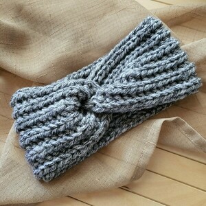 Πλεκτή κορδέλα- γκρι - μαλλί, crochet, headbands - 5