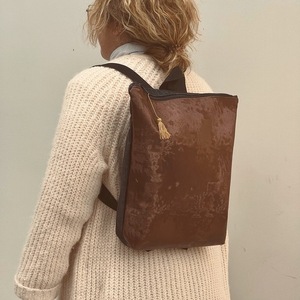Τσαντα πλατης χειροποιητο backpack με καφέ δερματίνη - ύφασμα, πλάτης, σακίδια πλάτης, μεγάλες, all day - 5