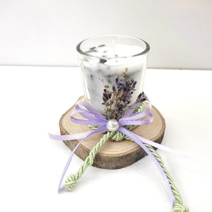 Χειροποίητο κερί με άρωμα λεβάντας με ξύλινη βάση ελιάς 6εκΧ8εκ σε γυάλινο ποτηράκι - γάμου - 2