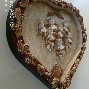 Ξύλινη, επιτοίχια καρδιά, διακοσμημένη με αγγέλους Ρομαντικη διακοσμηση - πίνακες & κάδρα - 3