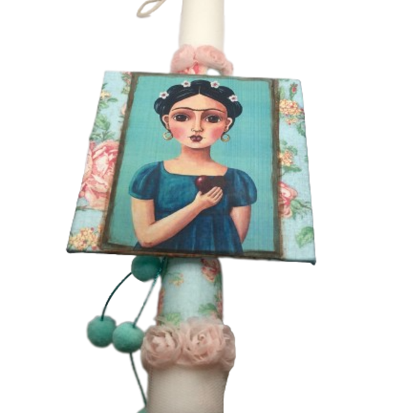 Λαμπάδα "Frida in love" καμβάς με μαγνητάκι - λουλούδια, λαμπάδες, για ενήλικες, για εφήβους - 4