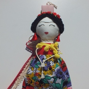 Πασχαλινή λαμπάδα με υφασμάτινη κούκλα Φρίντα - κορίτσι, λαμπάδες, frida kahlo, για παιδιά, για εφήβους - 3