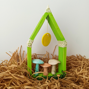 Διακοσμητικό πράσινο ξύλινο σπιτάκι μανιτάρια 21×4×11 - δώρο, χειροποίητα, ξύλινα διακοσμητικά τοίχου, διακοσμητικό παιδικού δωματίου
