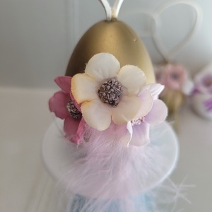 Αυγό κρεμαστό στολισμένο με λουλουδάκια, φτερά, κορδέλες - λουλούδια, διακοσμητικά - 2