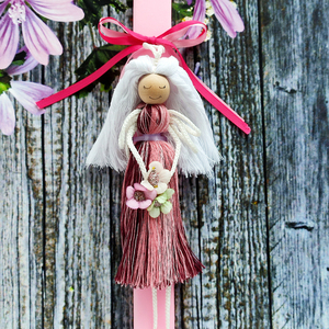 Πασχαλινή ροζ λαμπάδα με μακραμέ νεράιδα και λουλούδια - κορίτσι, λαμπάδες, για παιδιά, για εφήβους, νεράιδες - 2