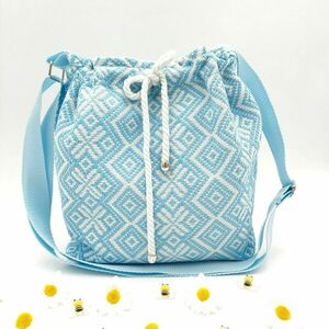 Τσάντα πουγκί χιαστί Crossbody bag Light blue 25x25 από υφαντό ύφασμα - ύφασμα, χιαστί, all day, πάνινες τσάντες, μικρές - 5