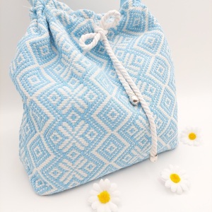 Τσάντα πουγκί χιαστί Crossbody bag Light blue 25x25 από υφαντό ύφασμα - ύφασμα, χιαστί, all day, πάνινες τσάντες, μικρές - 4