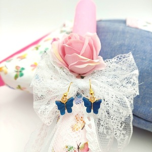 Λαμπάδα 33cm αρωματική ροζ με μπλε σκουλαρίκια πεταλούδες - κορίτσι, λαμπάδες, για παιδιά - 2