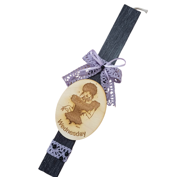 λαμπάδα wednesday με ξύλινο μαγνητάκι , 30 cm , αρωματική - κορίτσι, λαμπάδες, για παιδιά, για εφήβους