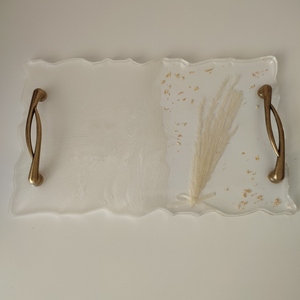 Δίσκος γάμου από υγρό γυαλί λευκό - διάφανο με pampas grass διαστάσεων 30 * 17 εκ