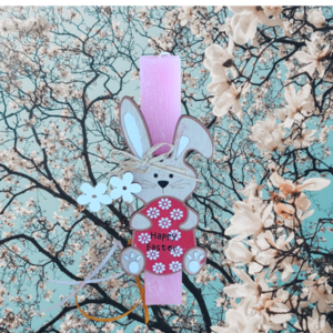 Χειροποίητη λαμπάδα αρωματική πλακέ με ξύλινο στοιχείο κουνελάκι που γράφει Happy Easter. - κορίτσι, λαμπάδες, για παιδιά, πρώτο Πάσχα, για μωρά - 3