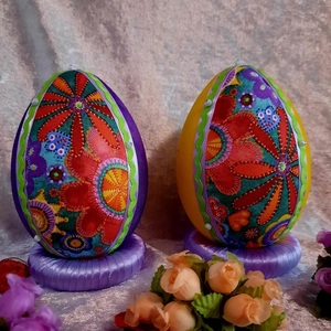 Χειροποίητο Πασχαλινό αυγό από βαμβακερό ύφασμα σε αποχρώσεις του μωβ και λουλούδια. Υψος 14 cm - διακοσμητικά, πασχαλινά αυγά διακοσμητικά, πασχαλινά δώρα, διακοσμητικό πασχαλινό - 4