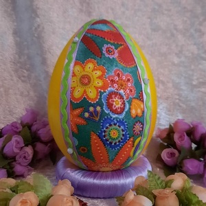 Χειροποίητο Πασχαλινό αυγό από βαμβακερό ύφασμα σε αποχρώσεις του κίτρινου και λουλούδια. Υψος 14 cm - διακοσμητικά, πασχαλινά αυγά διακοσμητικά, πασχαλινά δώρα, διακοσμητικό πασχαλινό - 2
